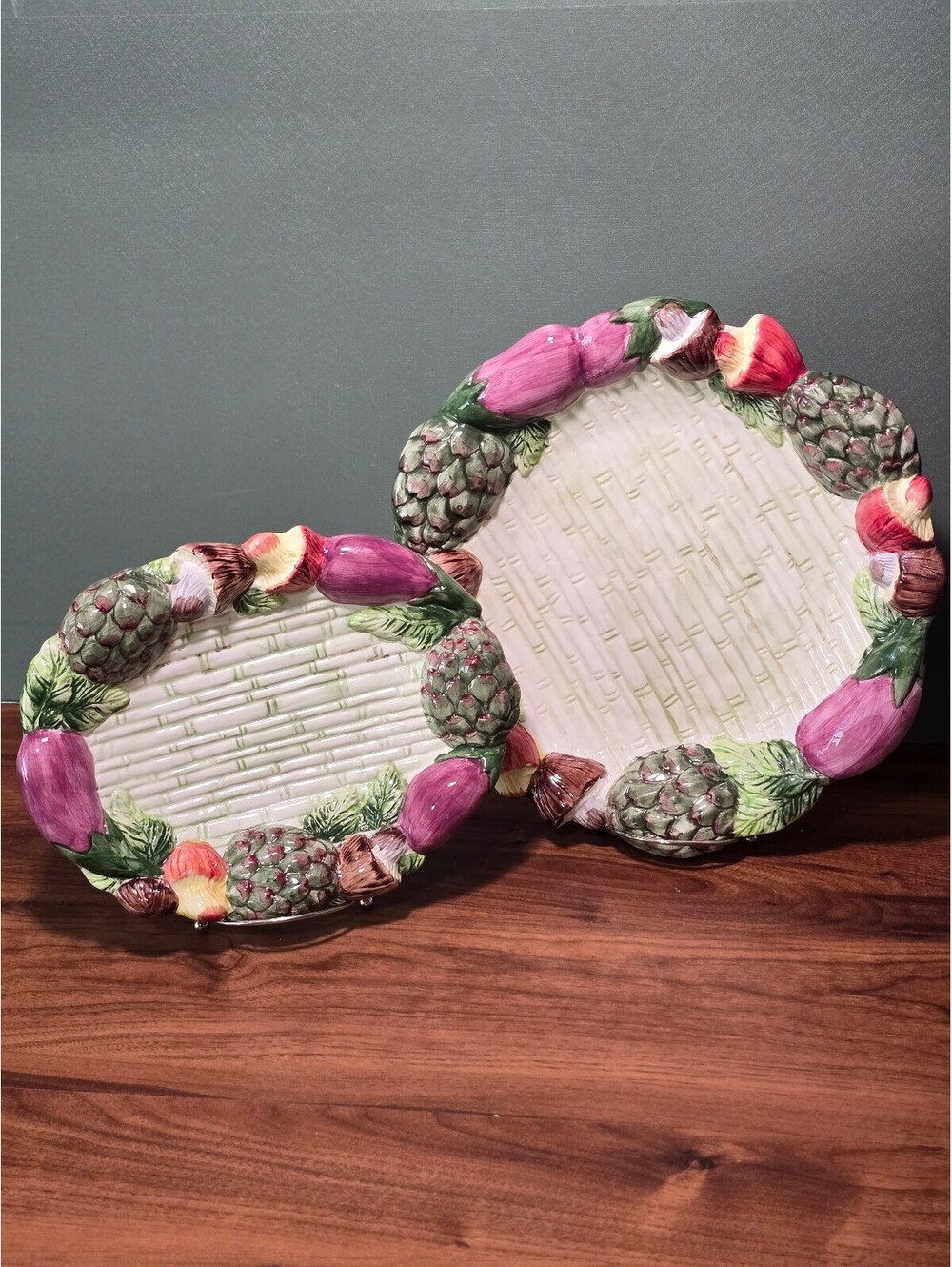 Set of 2 World Bazaars Inc Majolica Vegetable Platters, Basketweave Trays